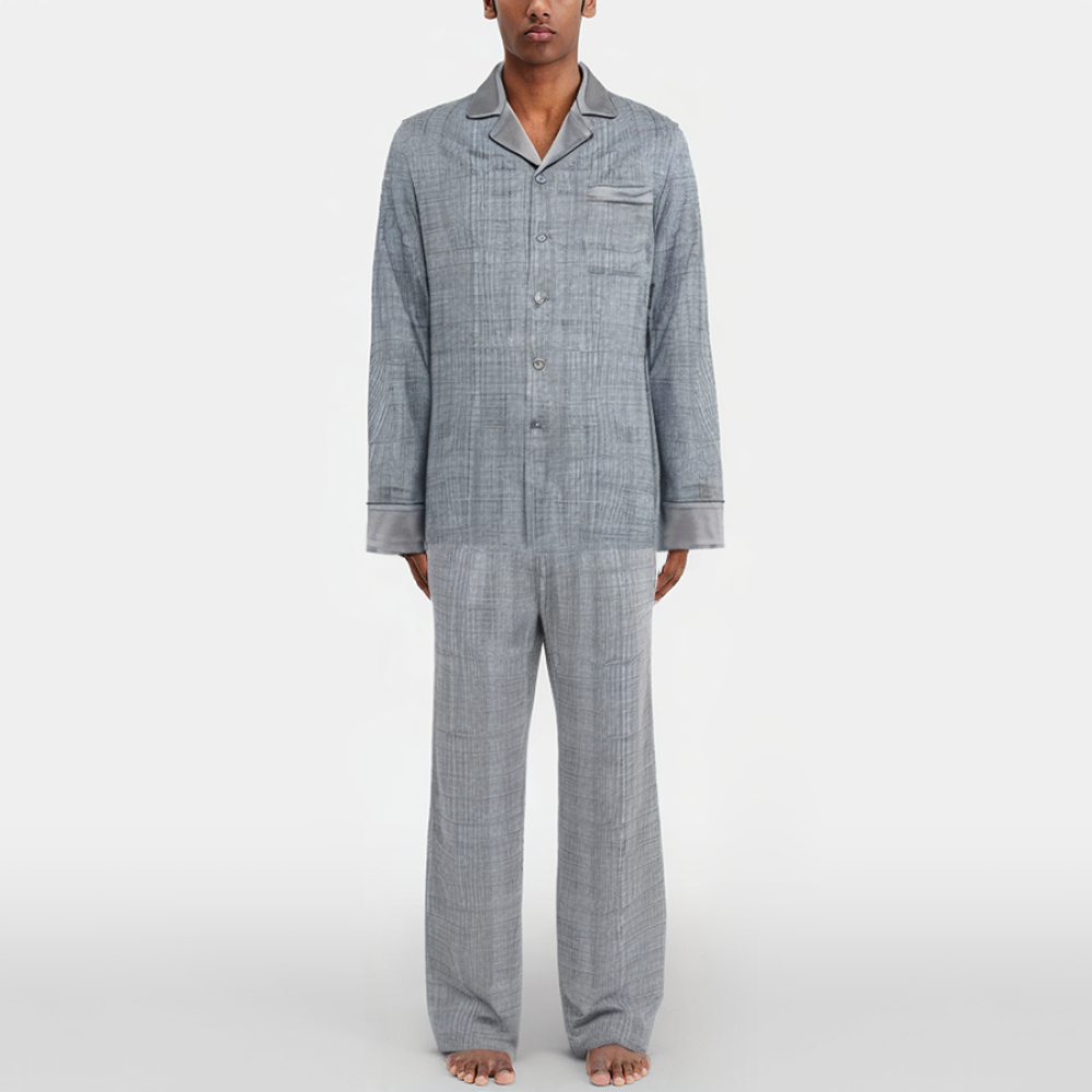 Gray plaid breathable men's pajama set