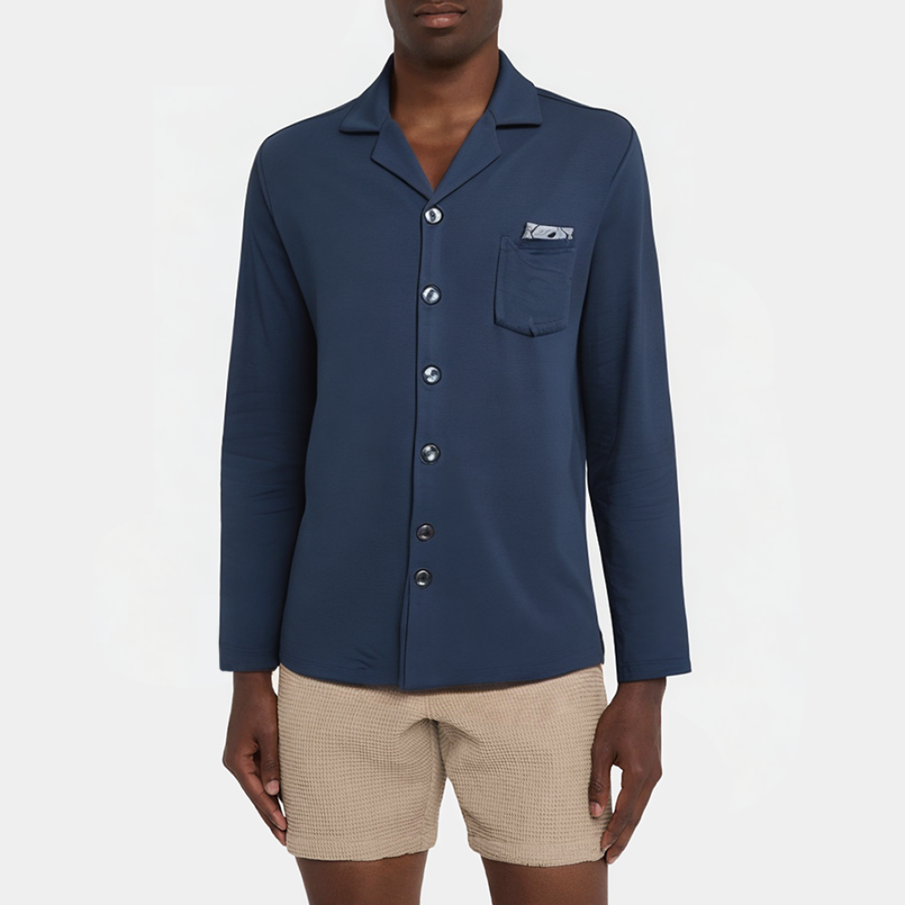 Blue single-breasted men's long-sleeved pajamas