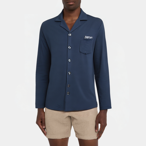 Blue single-breasted men's long-sleeved pajamas