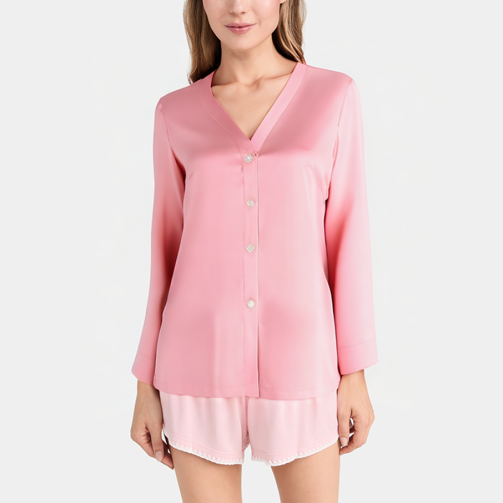 Pink satin women's long-sleeved pajamas