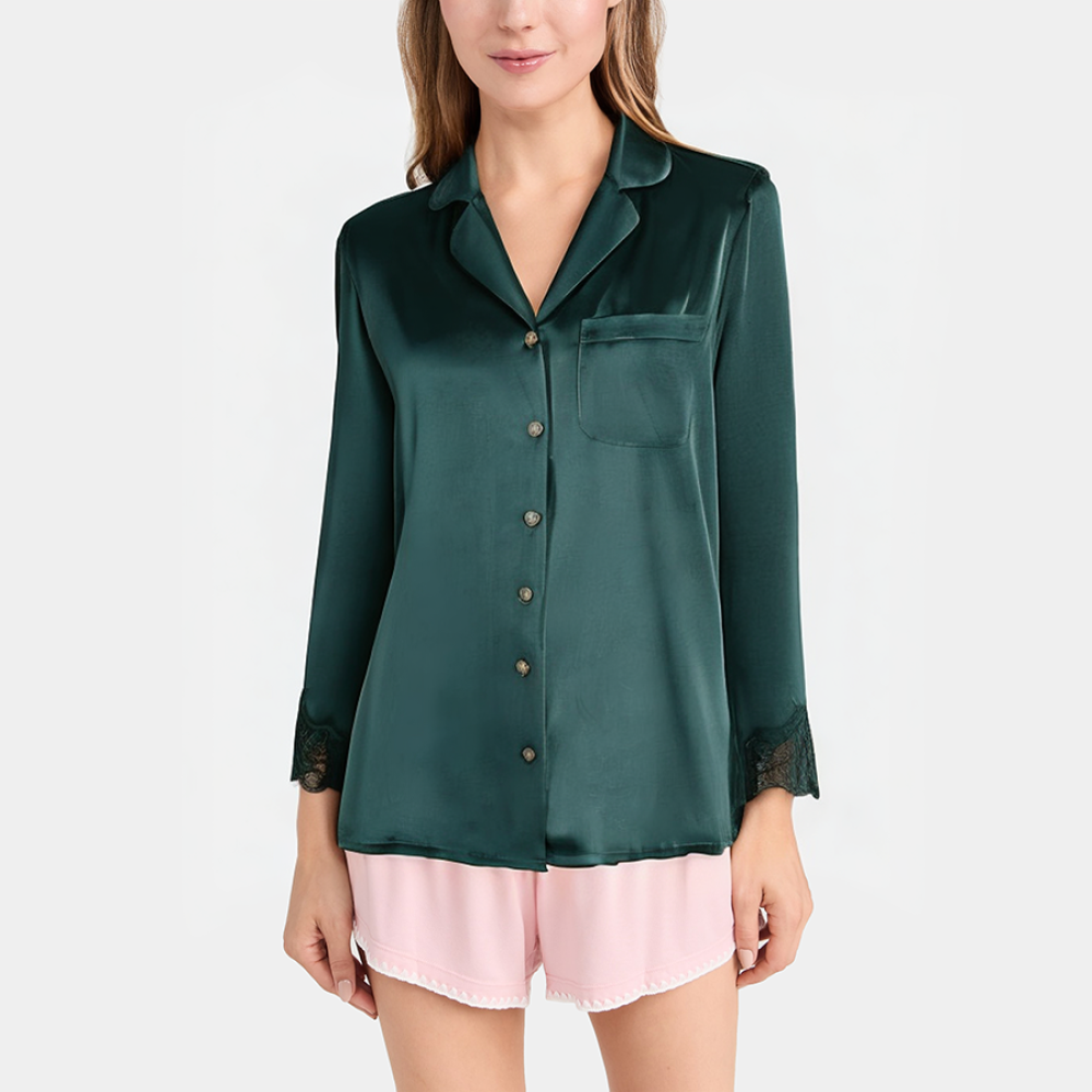 Green satin women's long-sleeved pajamas