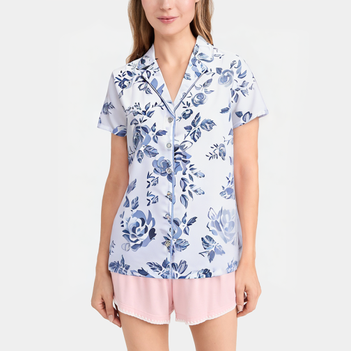 Floral print lapel women's short sleeve pajamas