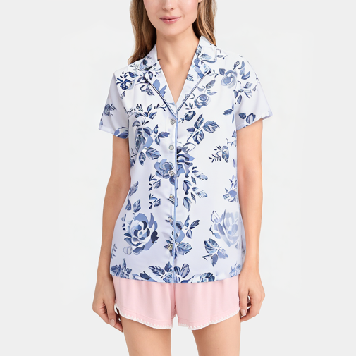 Floral print lapel women's short sleeve pajamas
