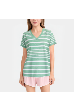 Green striped breathable V-neck women's pajamas