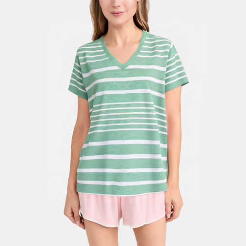 Green striped breathable V-neck women's pajamas