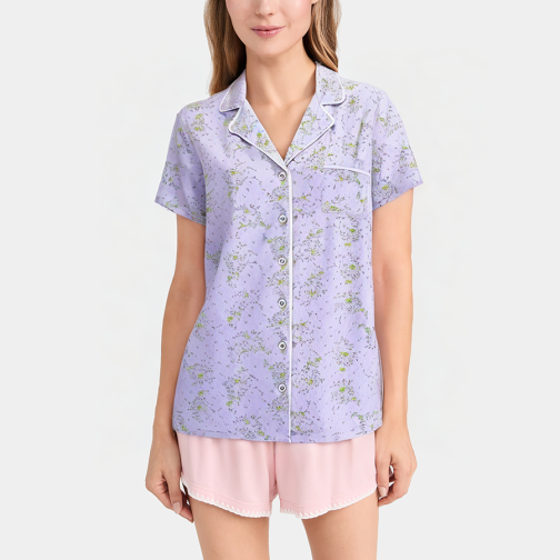 Purple floral print lapel women's pajamas