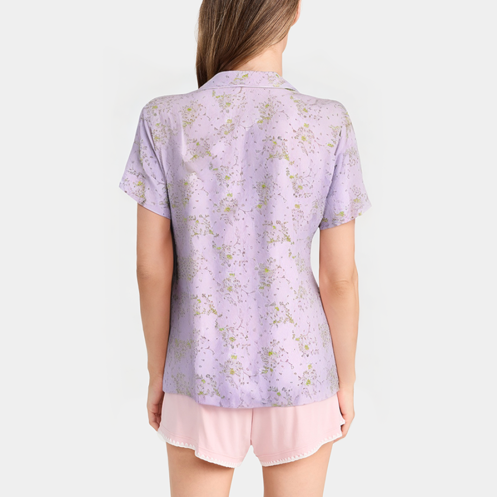 Purple floral print lapel women's pajamas